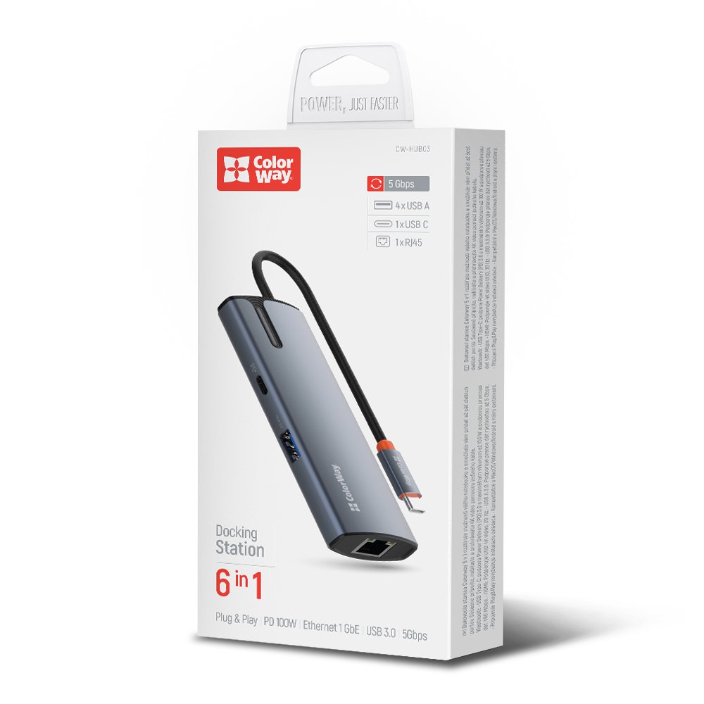 ColorWay USB-C Docking Station, 6-in-1 (Type-C PD 100W, 3× USB 3.0, USB 2.0, RJ45)