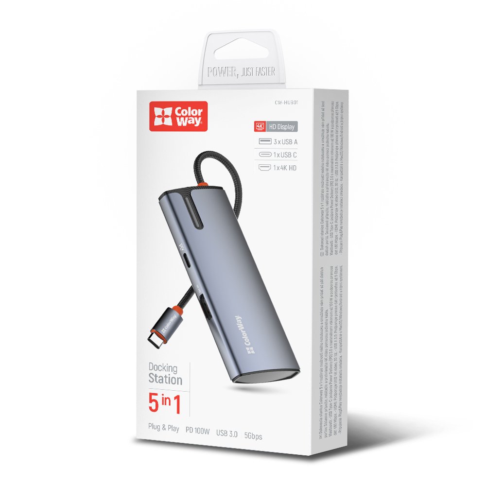 ColorWay USB-C Docking Station, 5-in-1 (Type-C PD 100W, 3× USB 3.0, HDMI 4K)